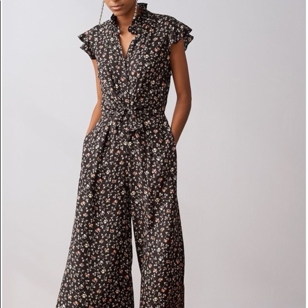 Rebecca Taylor 100% Silk Black Floral Vine Print Cropped Wide Leg Jumpsuit